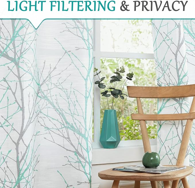 FMFUNCTEX Linen Aqua Blue White Semi Sheer Print Curtains 63 Inch 2 Panels | - Image 3