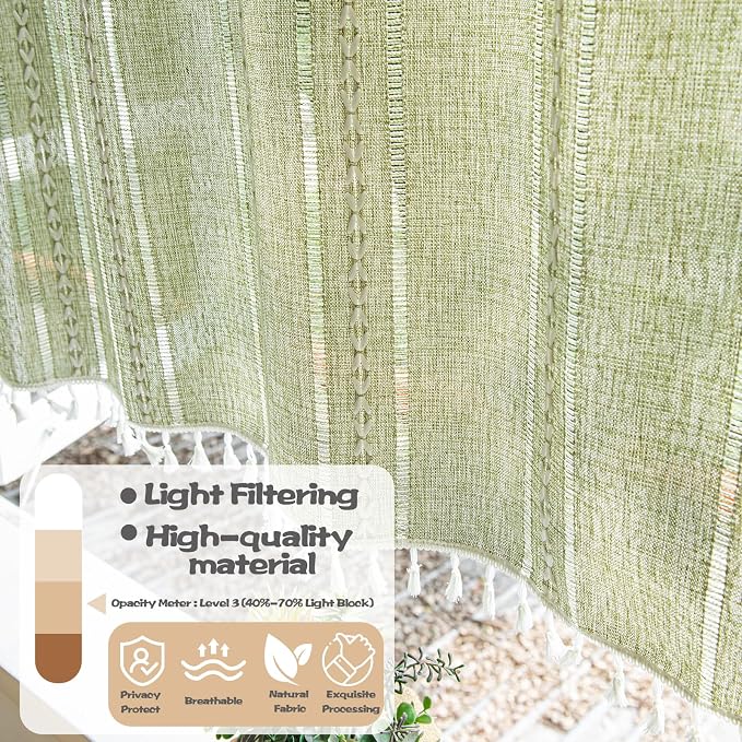 Sutuo Home Green Boho Curtain 52W x 36L inch White Striped Light Filtering - Image 3