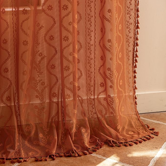 WAZZIO Boho Lace Curtains 80 Inch 2 Panels-Vintage Sheer Panel Drape Floral - Image 6