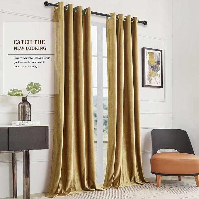 BULBUL Velvet Gold Curtains 72 inch Length- Living Room Blackout Thermal Window - Image 9