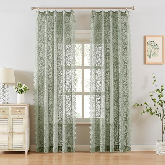 Bujasso Sage Green Lace Pinch Pleat Curtains 84 inch, Vintage Floral Sheer - Image 2