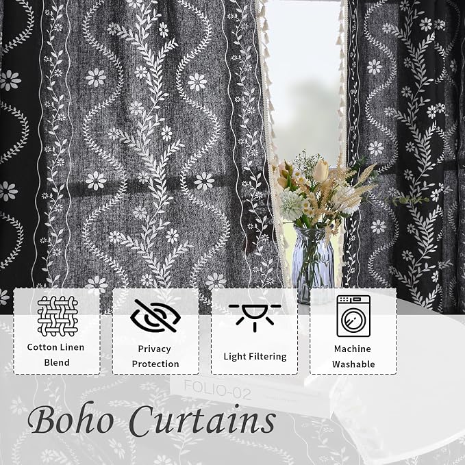 Schweek Black Boho Curtain Tassel 96 Inches Length 2 Panels - Image 4