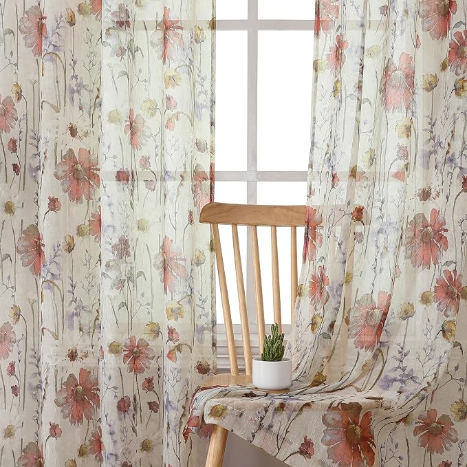 Crushed Sheer Curtains Kitchen Tiers 36 Inch Length 2 Panels, Printed Design - Image 7