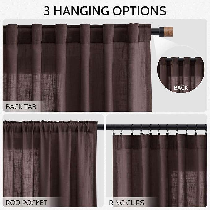Linen Curtains Semi Sheer Coffee Brown 96 Inches Long 2 Panels Set - Image 2