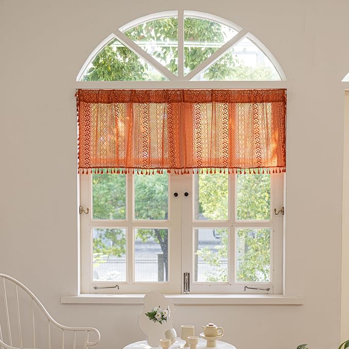Sutuo Home Terracotta Boho Valance Short Curtains Crochet Lace Sheer Bohemian by SutuoHome