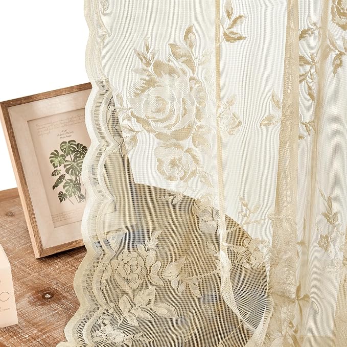 Beige Lace Curtains 108 Inches Long 2 Panels Floral Curtains - Image 4