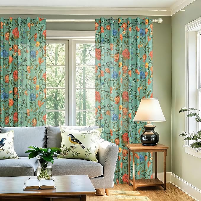 72 Inch Boho Floral Curtains Tropical Bird Print Linen Semi Sheer Window Drapes - Image 6