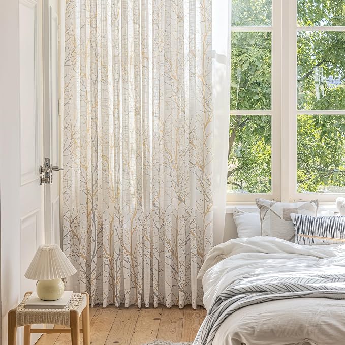 FMFUNCTEX Linen Yellow White Semi Sheer Patio Curtains 84 Inch Long 1 Panel | - Image 4