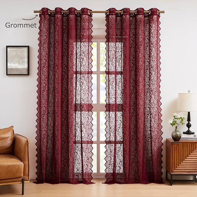 Bujasso Burgundy Lace Sheer Curtains - Image 7