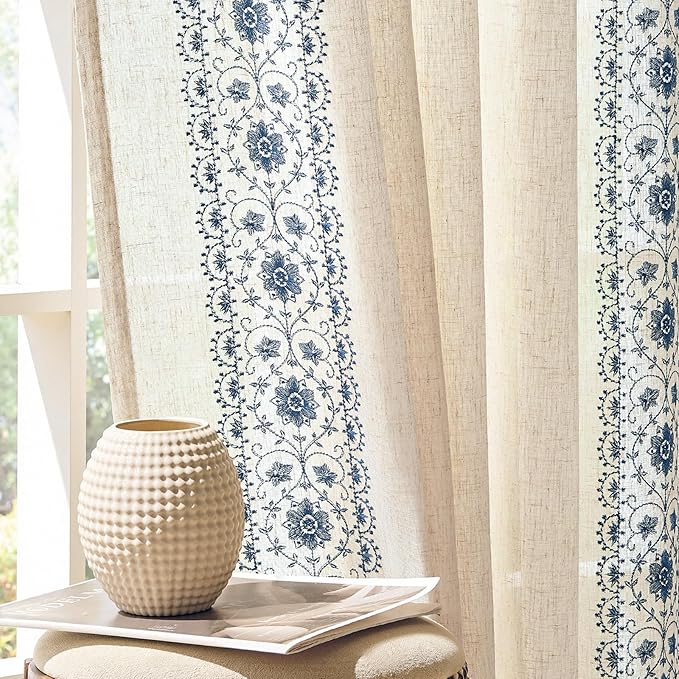 jinchan Floral Linen Curtains Embroidered Back Tab 50x63in 2 Panels Blue | by JINCHAN