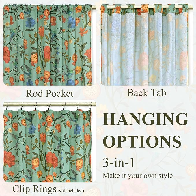 54 Inch Boho Floral Curtains Tropical Bird Print Linen Semi Sheer Window Drapes - Image 5