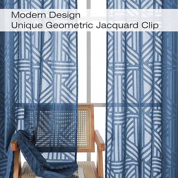 Simplebrand Dusty Blue Semi Sheer Curtains 54 Inch Length 2 Panels, Geometric - Image 3
