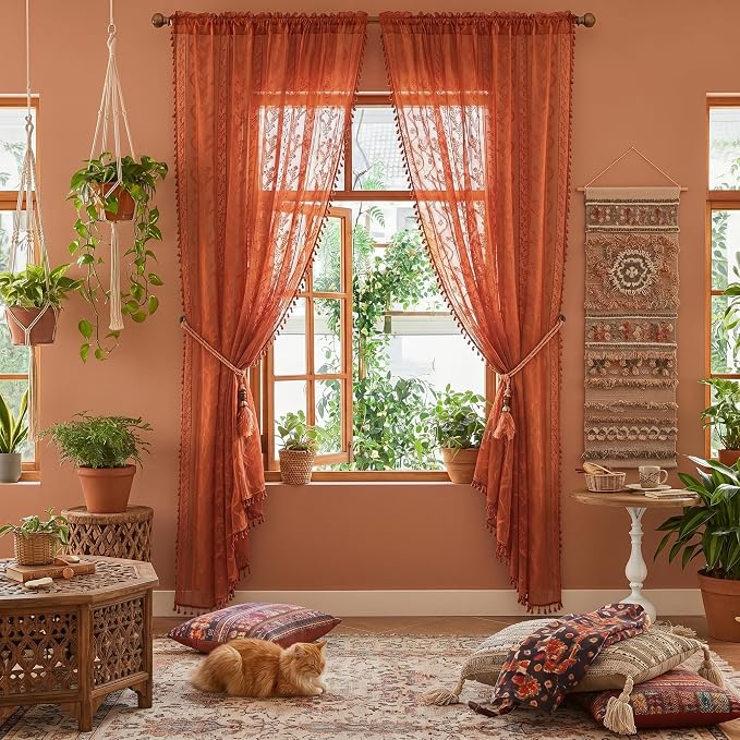 WAZZIO Boho Lace Curtains 90 Inch 2 Panels-Vintage Sheer Panel Drape Floral - Image 3