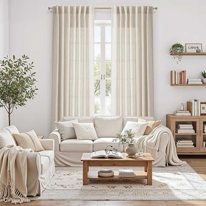 Warm Beige Linen Curtains 90 Inch Long 2 Panels Set - Image 4