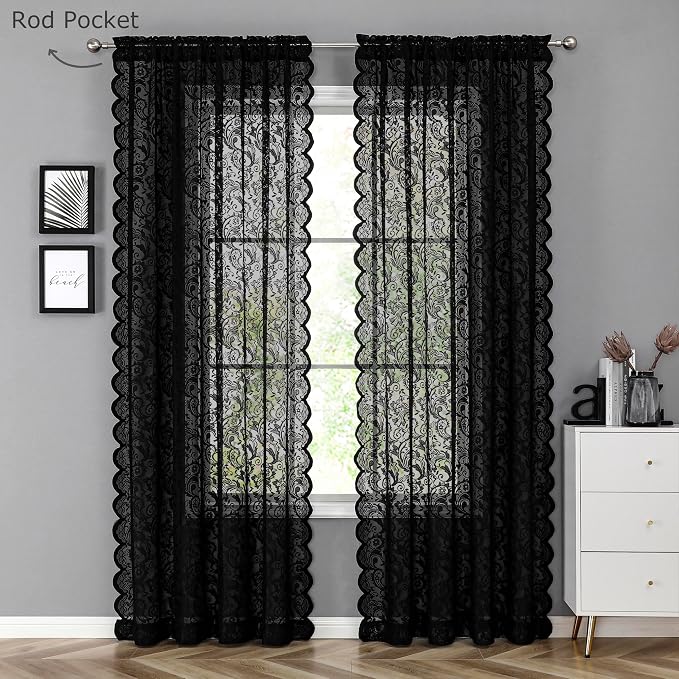 Bujasso Black Sheer Lace Curtains 63 inch Vintage Floral Sheer Window Curtain - Image 7