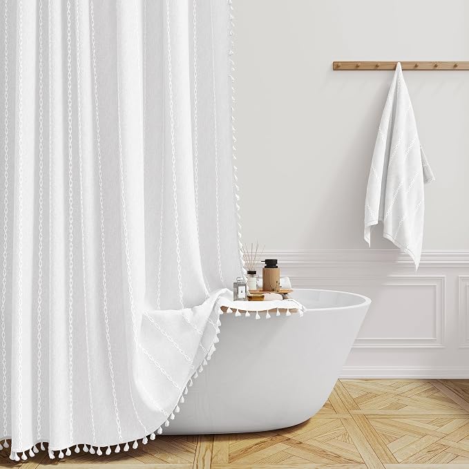 72x96 Extra Long Boho Linen Heavy Duty Cloth Shower Curtain Set, 330GSM Linen by ShowerCurtain
