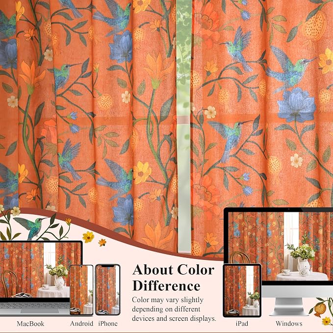 72 Inch Boho Floral Curtains Tropical Bird Print Linen Semi Sheer Window Drapes - Image 3