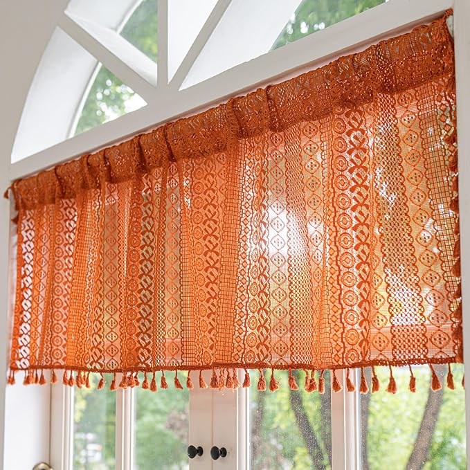 Sutuo Home Terracotta Boho Valance Short Curtains Crochet Lace Sheer Bohemian - Image 7