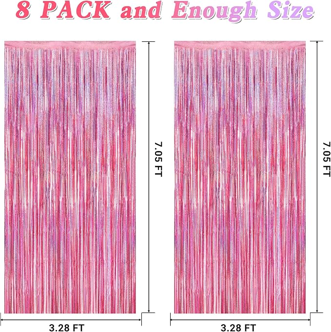 8 Pack Pink Backdrop, 3.28 FT x 7.05 FT Fringe Curtains, Metallic Glitter Pink - Image 2