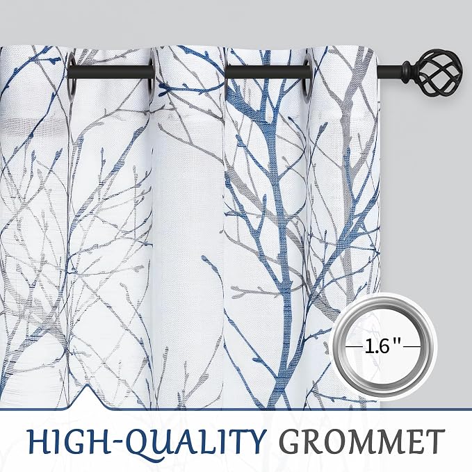 FMFUNCTEX Linen Blue White Semi Sheer Print Curtains 120 Inch Long 2 Panels | - Image 6
