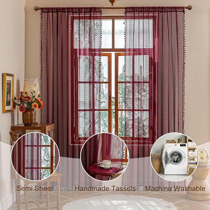 Sutuo Home Burgundy Boho Lace Curtains 96 inches long - Image 3