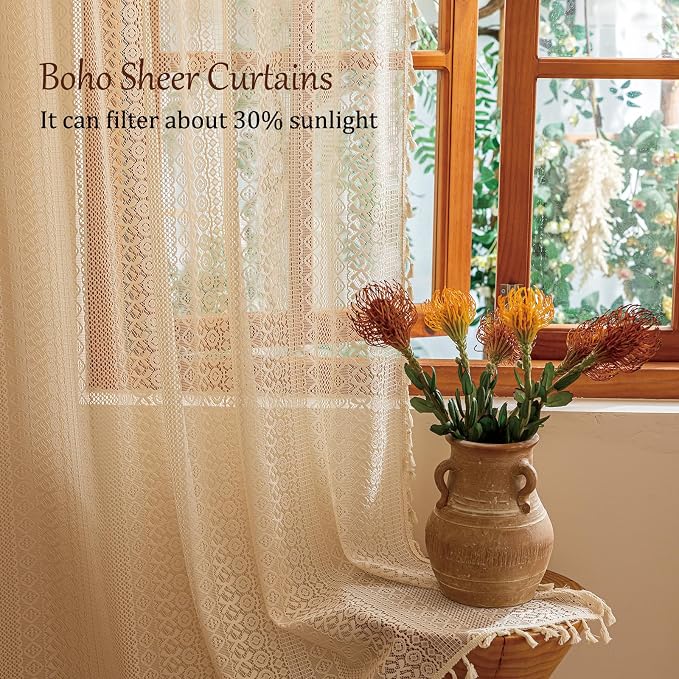 Sutuo Home Beige Boho Lace Curtains 84 inches Long, Crochet Macrame Bohemian - Image 4