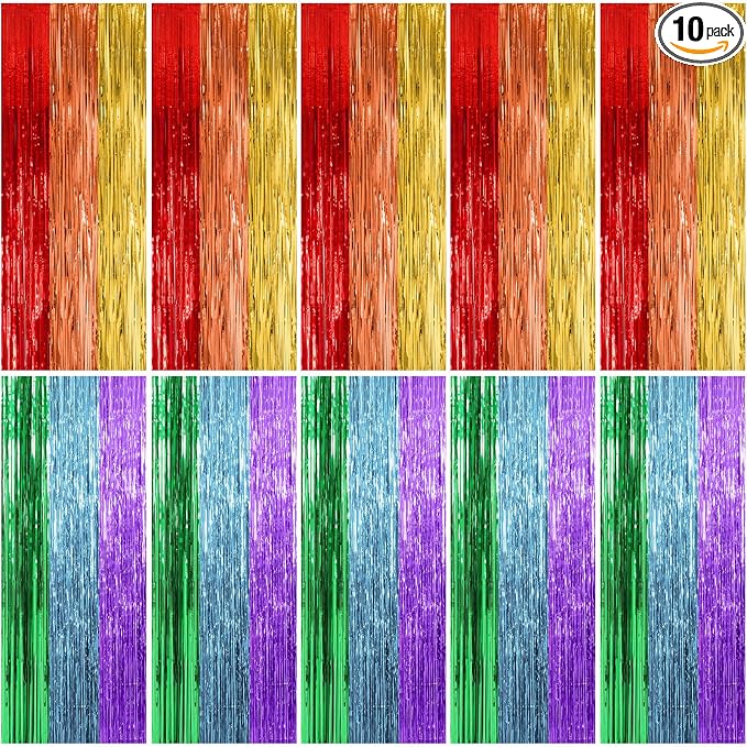 10 Pack Rainbow Party Backdrop Streamers Decorations Colorful Foil Fringe by KEJ