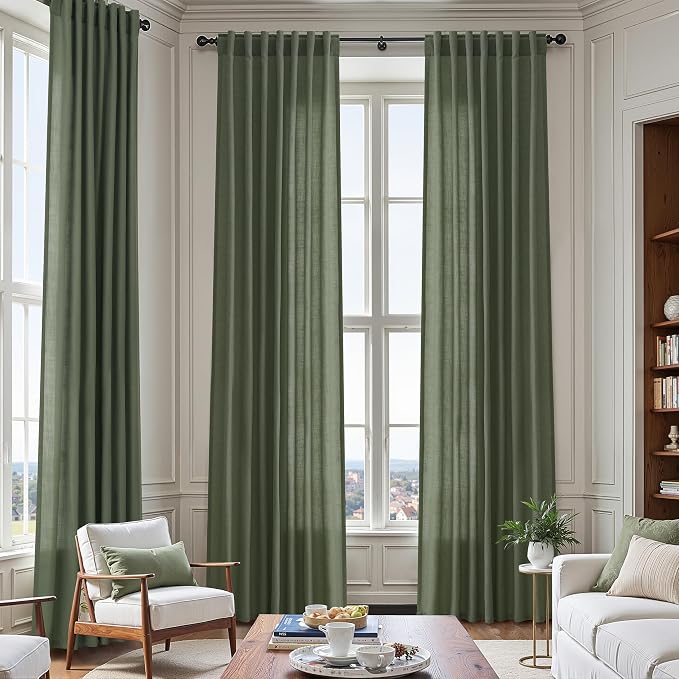 Olive Green Linen Curtains for Living Room 2 Panels Set 126 Inch Length Back by Nanspring