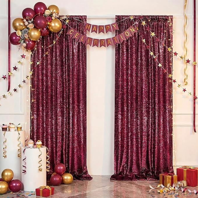 Glitter Sequin Backdrop 2 Panels 3x8FT Burgundy Red Wedding Photo Curtains | - Image 2
