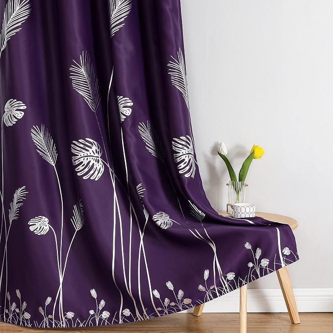 Purple Blackout Curtains for Bedroom, Room Darkening Silver Palm Tree Pattern - Image 7