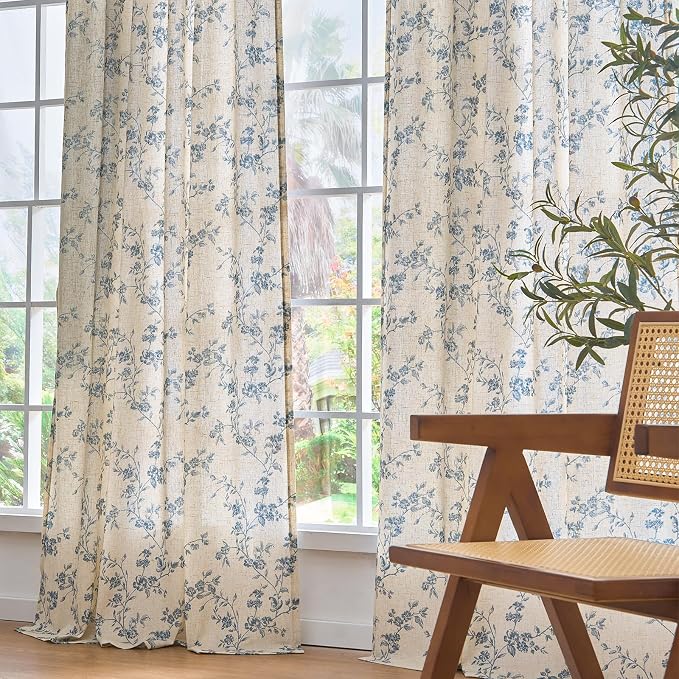 Blue Vintage Floral Linen Curtains Farmhouse 38W X 90L 2 Panels | Elisa Series - Image 9