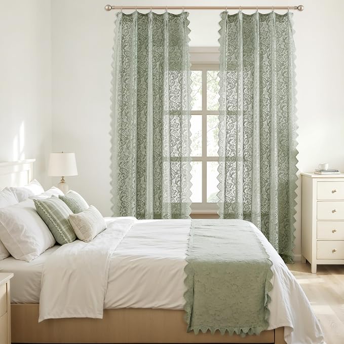 Bujasso Sage Green Lace Pinch Pleat Curtains 102 inch, Vintage Floral Sheer - Image 8
