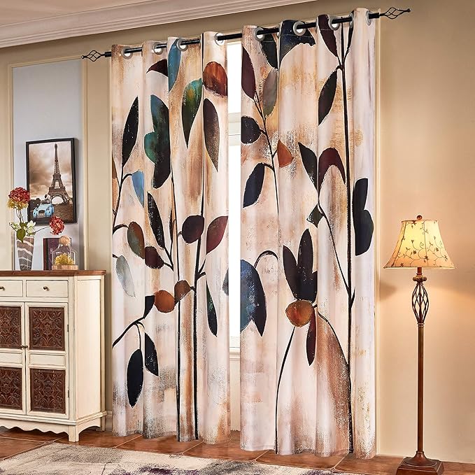 SUBRTEX Boho Leaf Printed Curtains 84 inch Long 2 Panels, Room Darkening by Subrtex