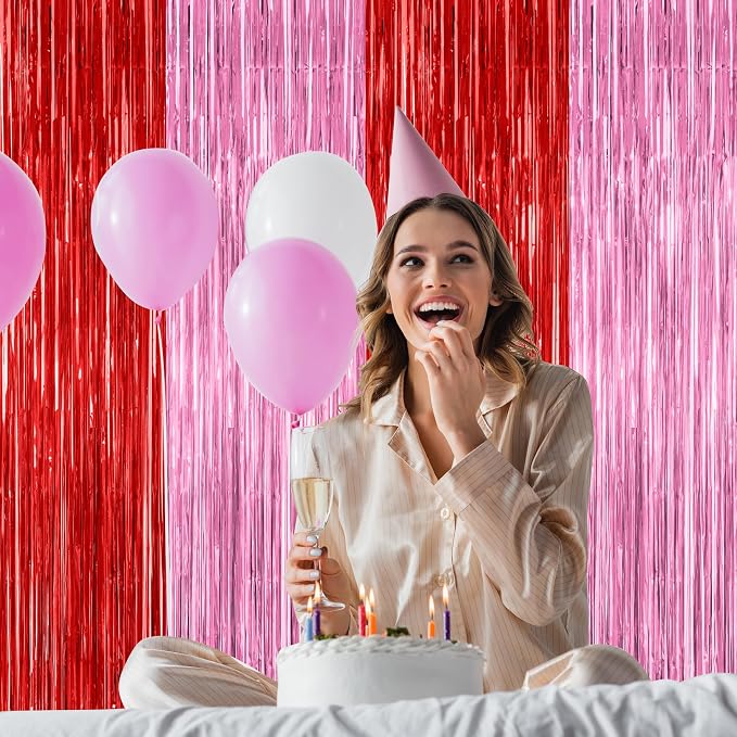 ZATAYE 2 Pack Red Pink Valentines Foil Curtain Streamer Decorations | Red Pink - Image 6