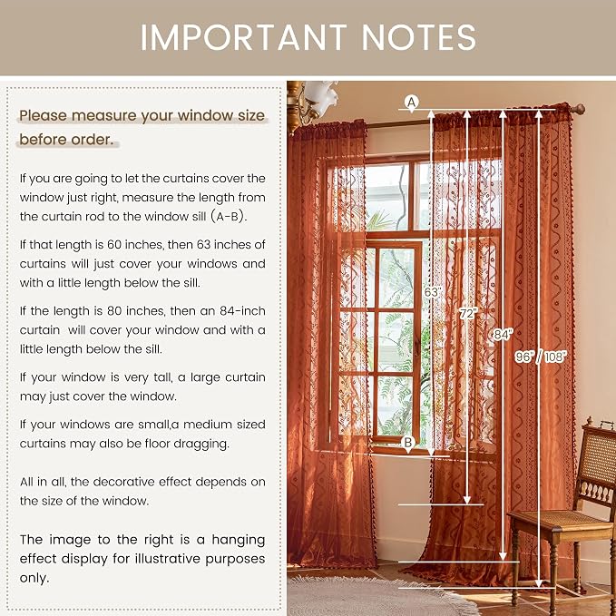 WAZZIO Boho Lace Curtains 102 Inch 2 Panels -Vintage Sheer Panel Drape Floral - Image 8