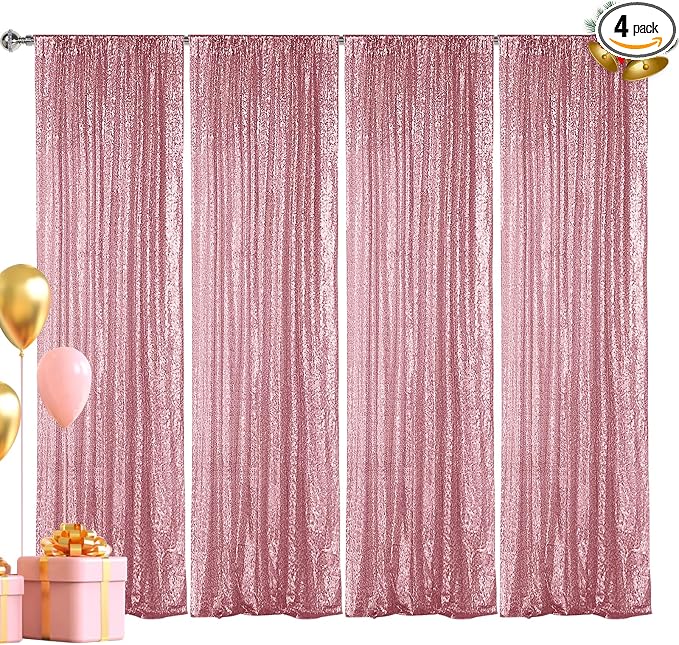 Hahuho Rose Pink Sequin Backdrop Curtain, Banquet Decoration（4 Panels, 2FT x 8FT by Hahuho
