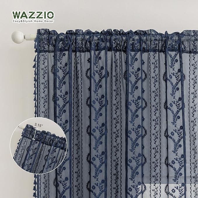 WAZZIO Boho Lace Curtains 2 Panels 63 Inch -Victorian Sheer Panel Drape French - Image 7