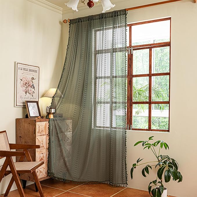 Sutuo Home Olive Green Boho Curtains 108 inches Long, Crochet Lace Sheer by SutuoHome
