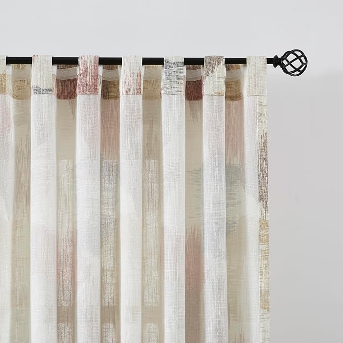Kayne Studio Red Tan Boho Abstract Rod Pocket Semi Sheer Curtains 84 Inches | - Image 3