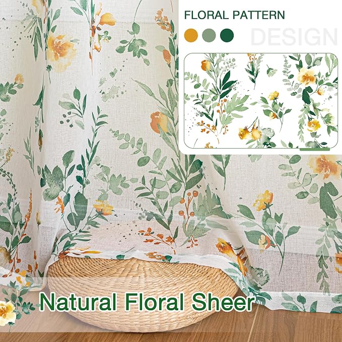 MYSKY HOME Green Sheer Floral Curtains 90 Inch Length - Image 6