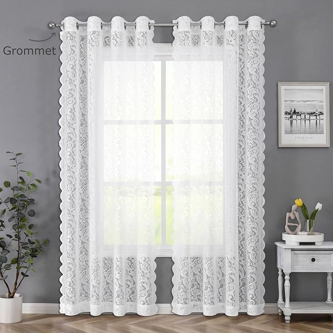 Bujasso White Sheer Lace Curtains 63 inch Vintage Floral Sheer Window Curtain - Image 6