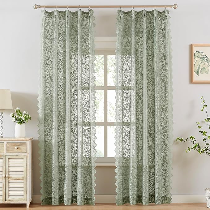 Bujasso Sage Green Lace Pinch Pleat Curtains 108 inch, Vintage Floral Sheer by Bujasso