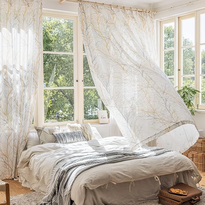 FMFUNCTEX Linen Yellow White Semi Sheer Patio Curtains 84 Inch Long 1 Panel | - Image 5