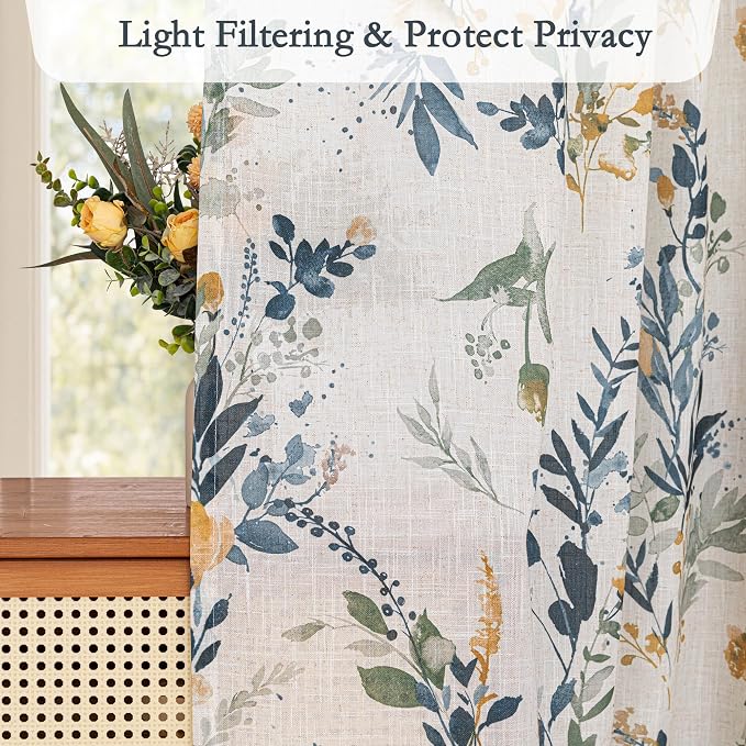 MYSKY HOME Floral Kitchen Curtains 30 Inch Length Linen Tier Curtains Farmhouse - Image 6