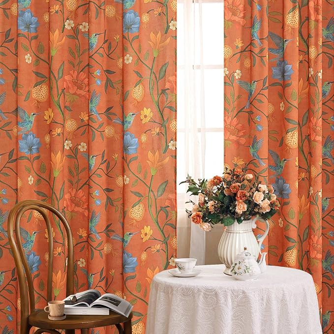 72 Inch Boho Floral Curtains Tropical Bird Print Linen Semi Sheer Window Drapes by JOOJA