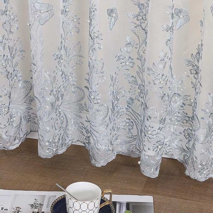 White Sheer Voile Curtains Blue Embossed Butterflies 54Wx84L Inch | Light - Image 4