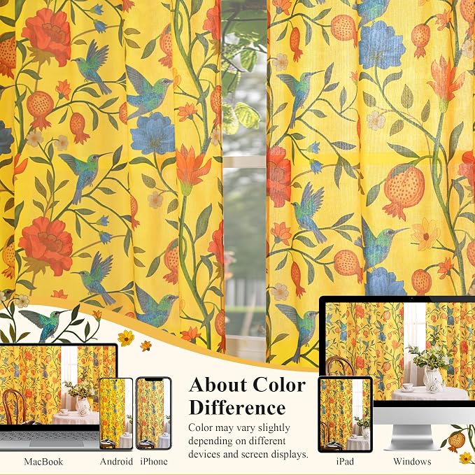 Mustard Yellow Floral Linen Curtains, Boho Whimsical Bird Print Curtains - Image 7
