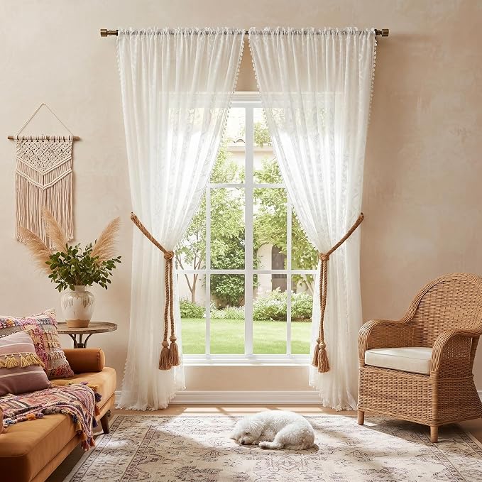 WAZZIO Boho Lace Curtains 2 Panels 63 Inches -Cute Vintage Victorian Sheer - Image 4