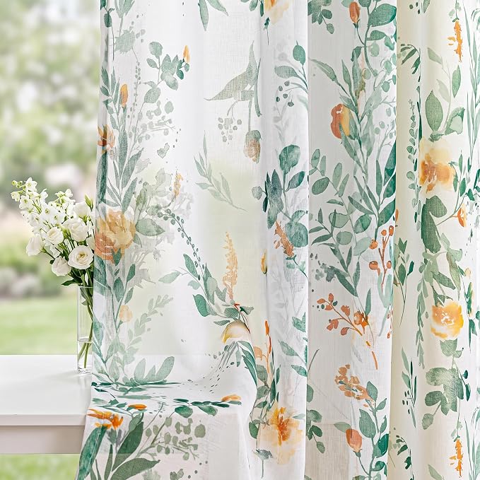 MYSKY HOME Green Sheer Floral Curtains 90 Inch Length by MYSKYHOME