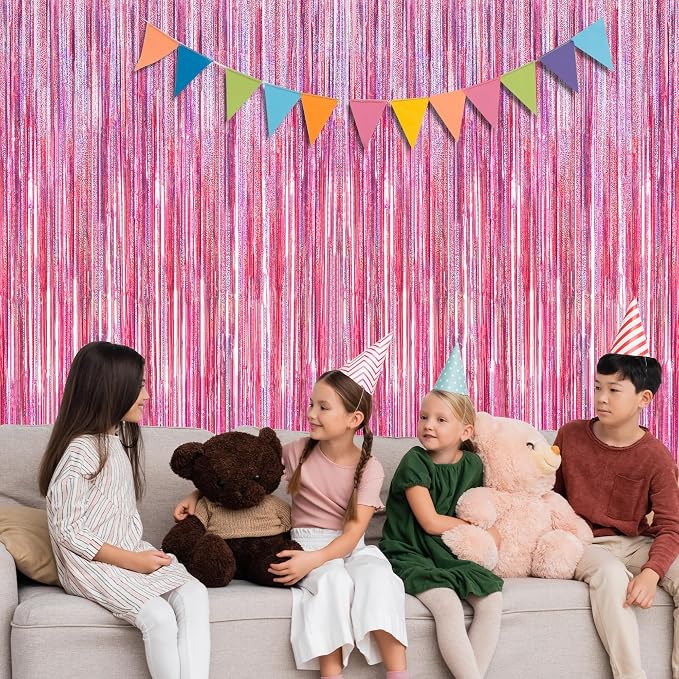 8 Pack Pink Backdrop, 3.28 FT x 7.05 FT Fringe Curtains, Metallic Glitter Pink - Image 6